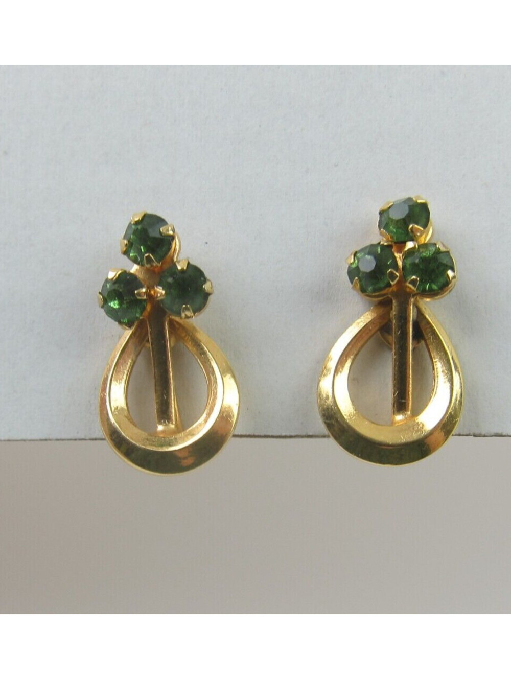 Vintage Green Rhinestone Earrings Gold tone Loop Screwback Retro Estate Jewelry